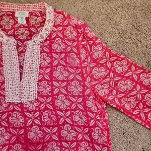 Sigrid Olsen Embroidered Tunic Top Women's Sz M Boho Pink Lightweight Cotton